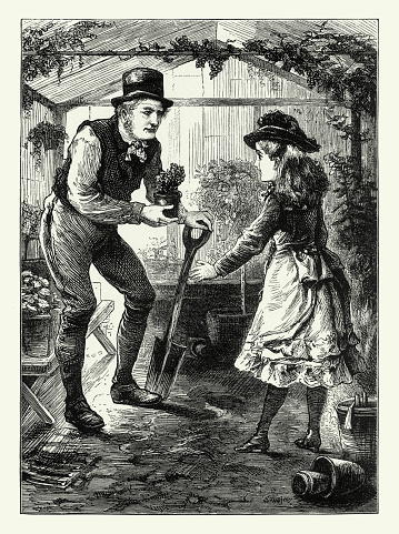 Very Rare, Beautifully Illustrated Antique Engraving of a Father and daughter planting plants in a greenhouse, American Victorian Engraving, 1882. Source: Original edition from my own archives. Copyright has expired on this artwork. Digitally restored.