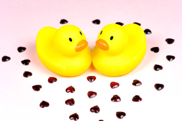 relaxing in the bathroom. two rubber ducks for swimming in the water.