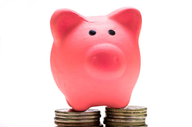 Pink piggy Bank on a white background stands on coins, front view. The concept of savings, financial management. stock photo