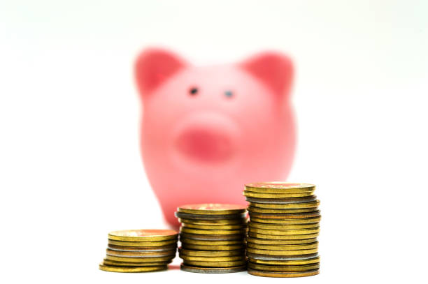 Three columns of yellow coins and a small pink piggy Bank in the background. The concept of life's wealth. stock photo