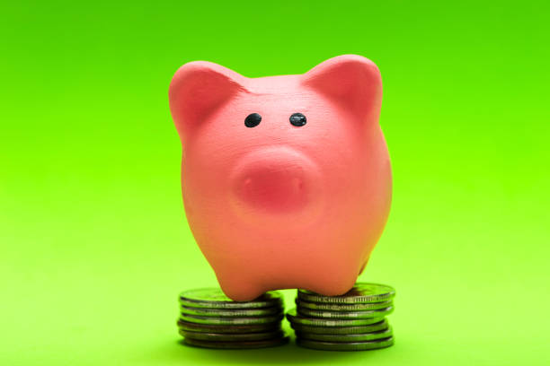Pink piggy Bank on a green background stands on coins, front view. The concept of savings, financial management. stock photo