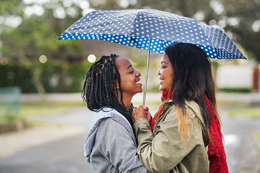 Shot of a young couple together under umbrella outdoors on a rainy day