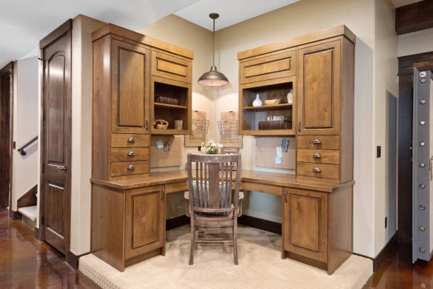 istock Basement home office in a corner on a platform 1256557408