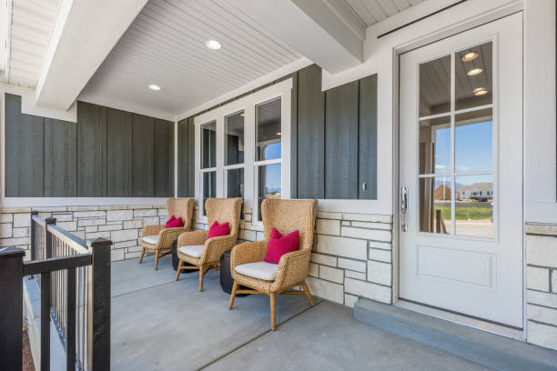 Front porch with modern stone work and siding