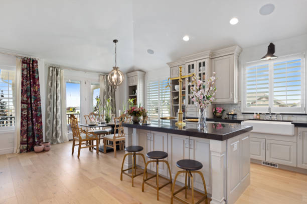 istock Gray kitchen with vaulted ceiling and wall sconce above farmhouse sink 1256558866