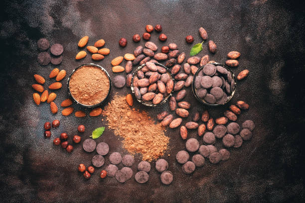 istock Cocoa beans, cocoa powder and chocolate discs decorated with mint leaves on a dark rustic background. Top view, flat lay, copy space 1256560059