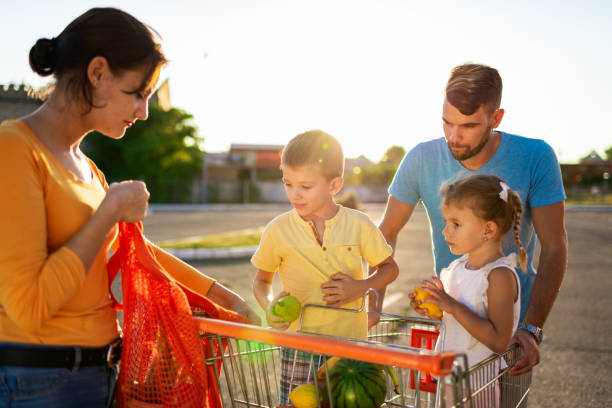 istock Family having fun after grocery shopping 1256560199