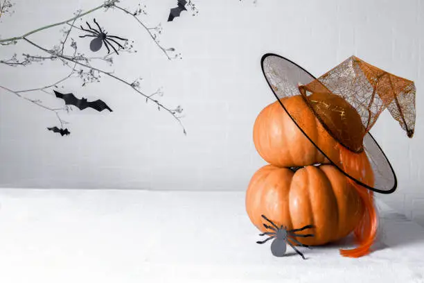 Photo of Pumpkins with a witch hat and a paper spider DIY on a white background with a brunch with bats. Minimal Halloween card