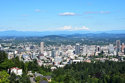 An aerial view of Portland and Mt. Hood, taken in June 2019, from Pittock Mansion.