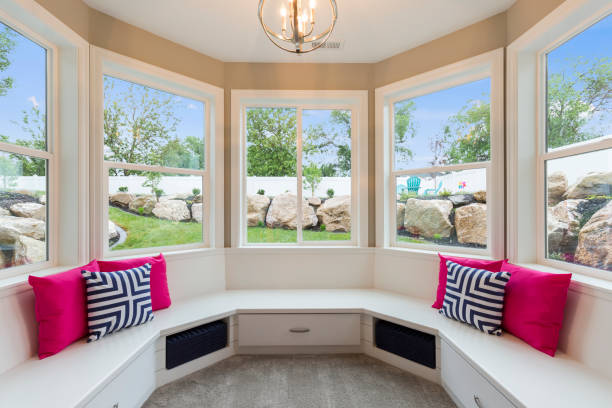 Nicely decorated reading bench in nook of bedroom