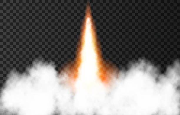 flamme und rauch vom start der weltraumrakete. - missile stock-grafiken, -clipart, -cartoons und -symbole