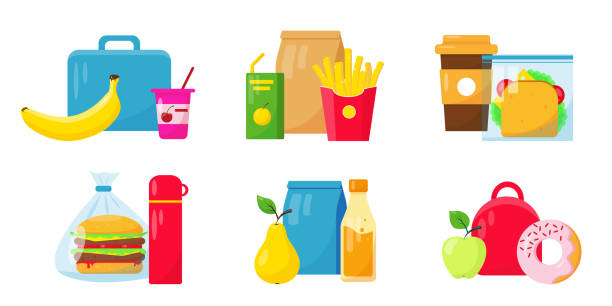 schule mittagessen essen sammlung symbole - lunch box packed lunch apple symbol stock-grafiken, -clipart, -cartoons und -symbole