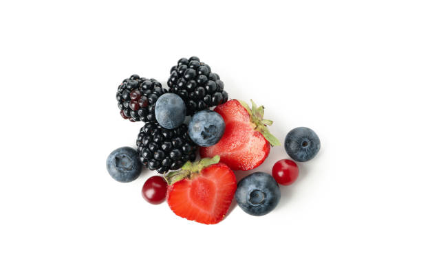 istock Mix of fresh berries isolated on white background 1256565851