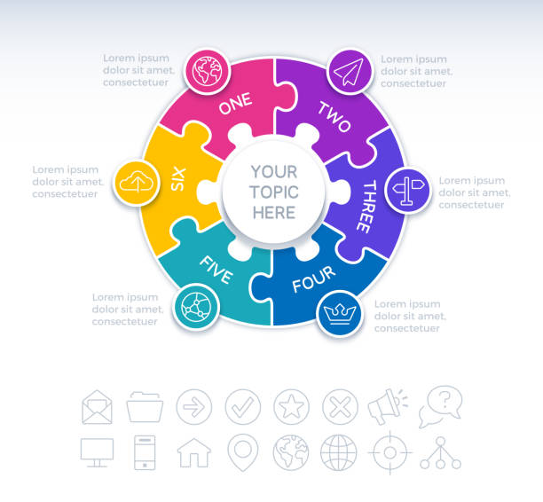 Six Piece Circle Puzzle Infographic Element Three 3 object circle puzzle infographic concept with space for your copy. half dozen stock illustrations