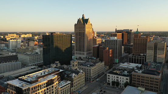 Milwaukee, Wisconsin / United States of America - July 14 2020:  Aerial view of downtown of Milwaukee, Wisconsin