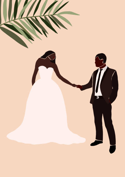 Abstract wedding couple groom and bride card isolated. Fashion minimal trendy Abstract wedding couple groom and bride card isolated. Fashion minimal trendy people in cartoon flat style. Trendy poster wall print decor vector illustration african bride and groom stock illustrations