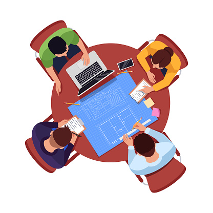 Architect team plan semi flat RGB color vector illustration. Worker meeting at work table. Teamwork on project blueprint. Builder isolated cartoon characters top view on white background