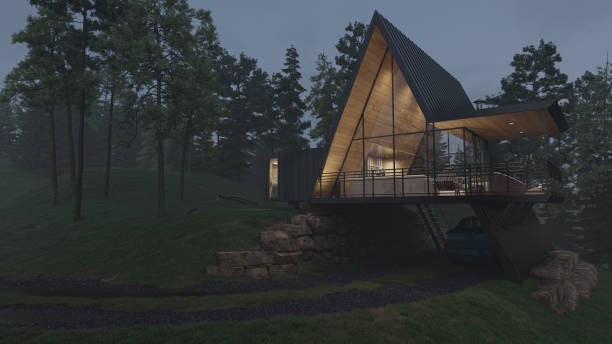 istock Living Room and the Balcony of a Triangular House on the Hillside 1256571792