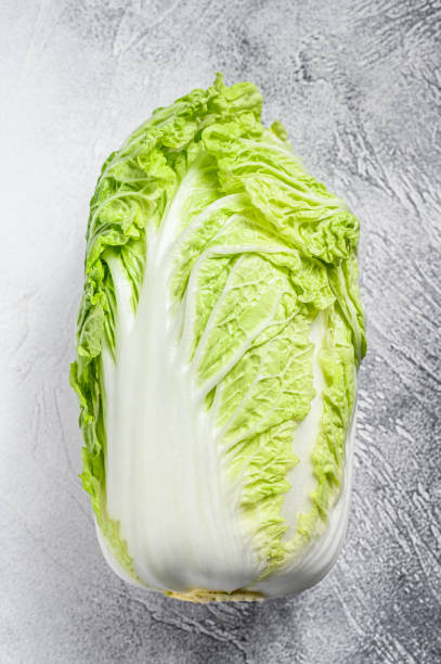 istock White Chinese cabbage. Organic vegetables. White background. Top view 1256572597