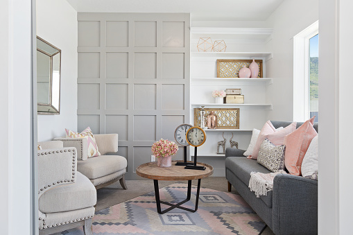 New showcase home staged with beautiful furniture in greeting room