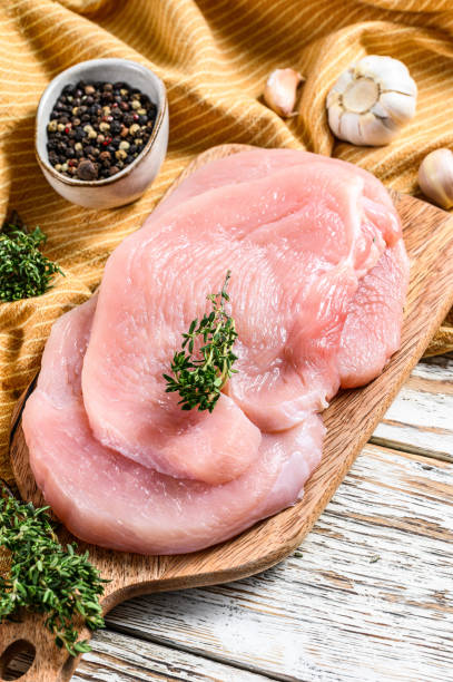 istock Turkey breast steaks on a chopping Board. fresh poultry meat. White background. Top view 1256573591