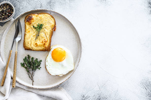 istock croque Monsieur sandwich with cheese and ham. White background. Top view. Copy space 1256573768