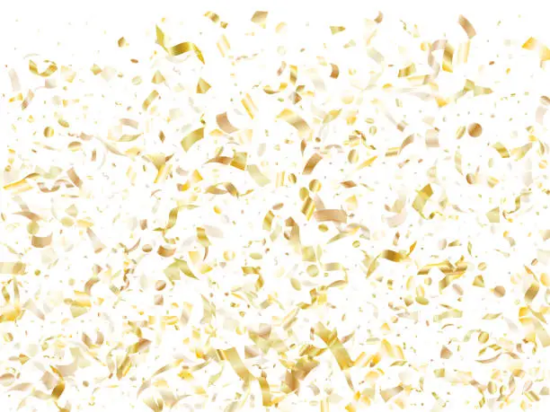 Vector illustration of Holiday realistic gold confetti flying on black background.