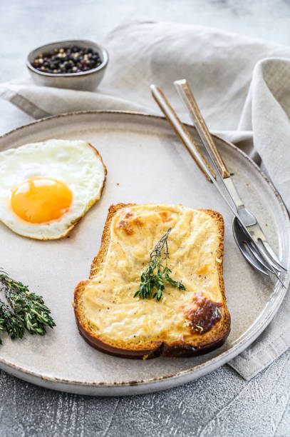 istock croque Monsieur sandwich with cheese and ham. White background. Top view 1256574821
