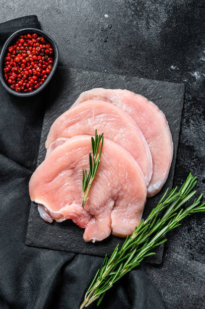 istock Raw Turkey breast steaks. organic poultry meat. Black background. Top view 1256574861