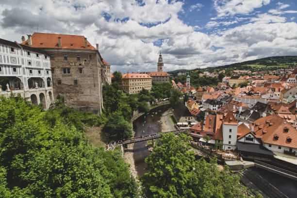 istock Panoramic view over Cesky Krumlov with Moldova river, Czech Republic 1256575513