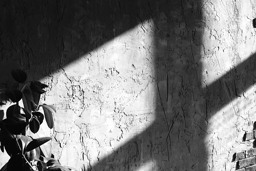 The shadow of the window on the textured wall. Midday hard sunlight. Black and white.