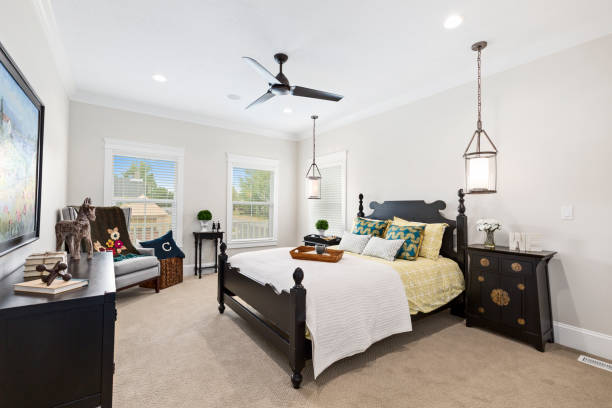 istock Awesome bedroom with pendant bedside lights 1256575986