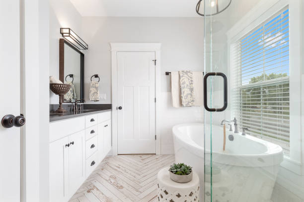 gran bañera de pie con ducha de cristal completo - bathroom home addition bathtub blinds fotografías e imágenes de stock
