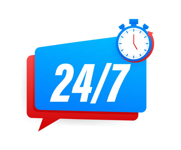 24-7 servicekonzept. 24-7 geöffnet. support-service-symbol. vektor-stock-illustration. - clock number 7 clock face watch stock-grafiken, -clipart, -cartoons und -symbole