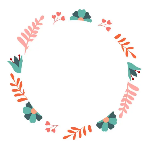 Vector illustration of Floral frame Vector decorative round frame with stylised flowers. Decoration in naive Scandinavian style.