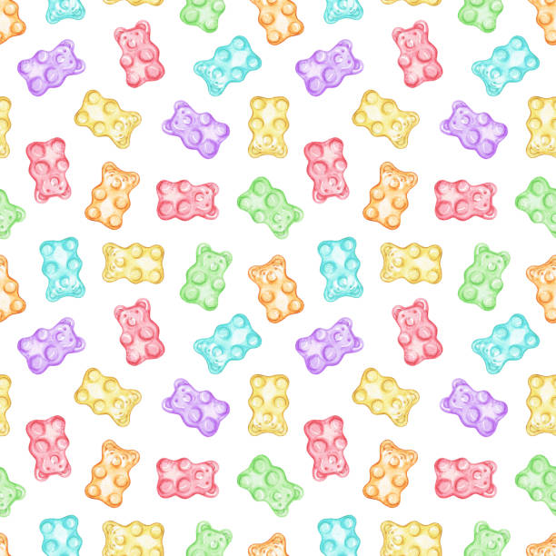 Watercolor seamless pattern with multicolored marmalade jelly bears Seamless pattern with multicolored marmalade jelly bears candy isolated on white background. Watercolor hand drawn illustration gummi bears stock illustrations
