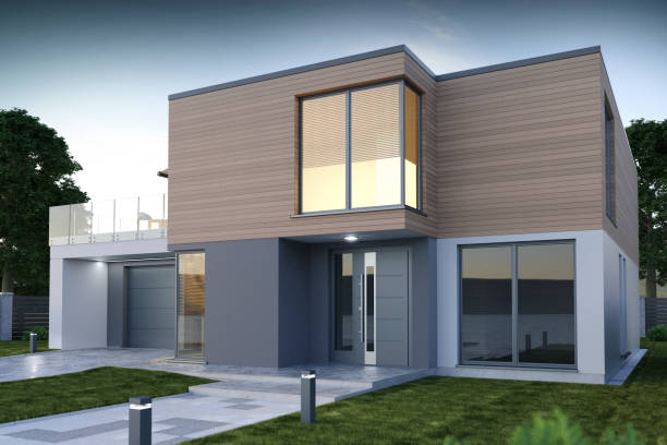 istock Front of modern house, exterior view - 3D illustration 1256578873
