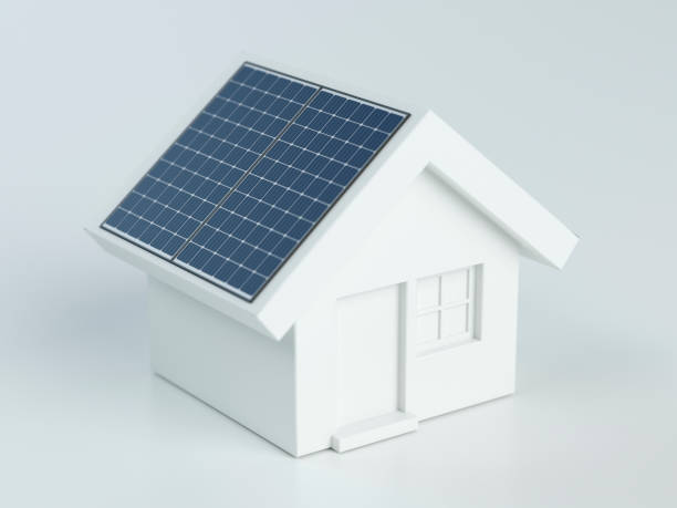 mały dom 3d z panelami słonecznymi, ilustracja 3d - solar power station solar panel solar energy house zdjęcia i obrazy z banku zdjęć