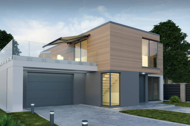 istock Modern house with garage, 3D illustration 1256578940