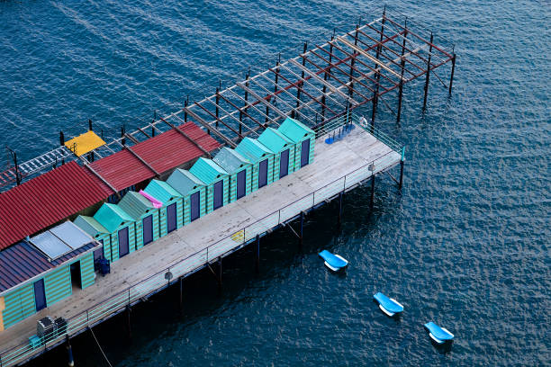 Colorful changing rooms at the pier viewed from above.