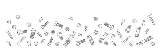 tło z zapięciem. śruby, śruby, nakrętki, kołki i nity w stylu doodle. ręcznie rysowany materiał budowlany. - screw bolt nut work tool stock illustrations