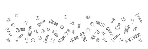 Background with fasteners. Bolts, screws, nuts, dowels and rivets in doodle style. Hand drawn building material. Background with fasteners. Bolts, screws, nuts, dowels and rivets in doodle style. Hand drawn building material. Vector illustration on white background hardware store stock illustrations