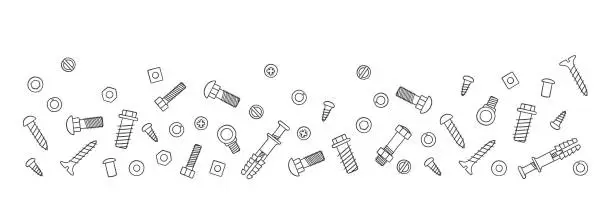 Vector illustration of Background with fasteners. Bolts, screws, nuts, dowels and rivets in doodle style. Hand drawn building material.