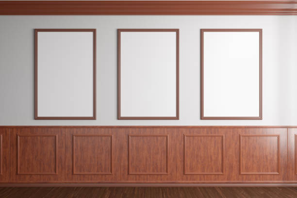 istock Three vertical blank posters mockup on white wall  in classic style interior of modern living room. 1256585232