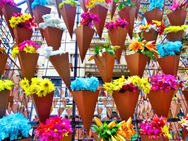 istock Colorful flowers in pots. 1256588717