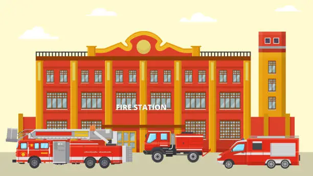 Vector illustration of Fire station building and fire trucks vector illustration. Various red fire engines near emergency rescue city service.