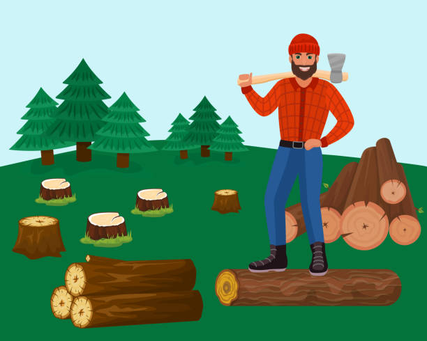 ilustraciones, imágenes clip art, dibujos animados e iconos de stock de leñador con hacha en ilustración vectorial forestal. leñador cortando árboles para madera, troncos. spruces, tocones. - deforestación desastre ecológico