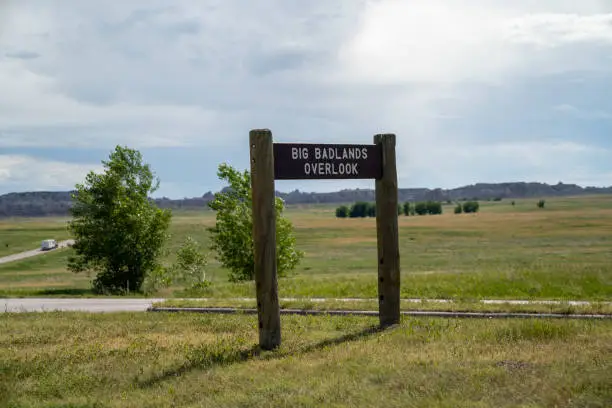 Photo of Big Badlands Overlook in Badlands National Park, sign for the pullout in South Dakota