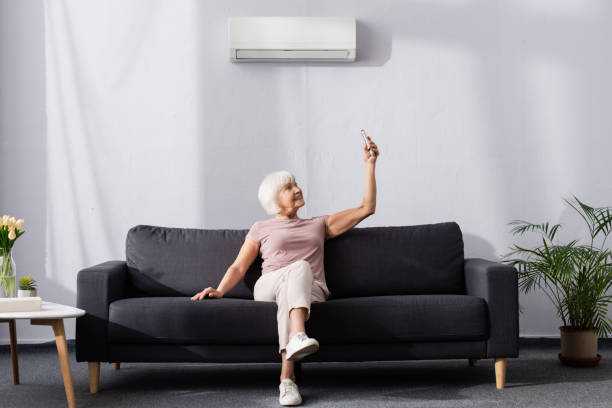 istock Smiling senior woman switching air conditioner with remote controller on couch 1256595944