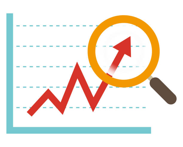 돋보기와 돋보기의 벡터 그림. 돋보기 아이콘. 화살표. 주가 상승. 비즈니스. - center arrow sign symbol moving up stock illustrations